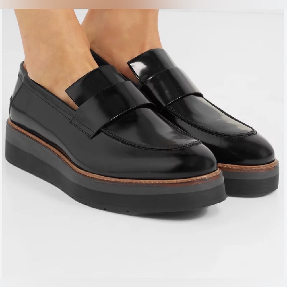 Vince Sander Black Leather loafers Patent Platform Dark Academia Size 8.5